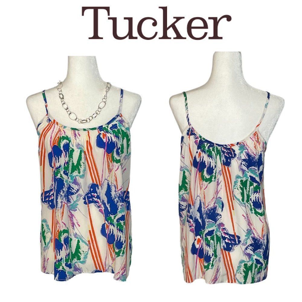 Tucker NYC 100% Silk White Floral Abstract Sleeveless Designer Blouse